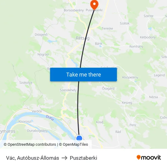 Vác, Autóbusz-Állomás to Pusztaberki map
