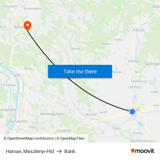 Hatvan, Meszlényi-Híd to Bánk map