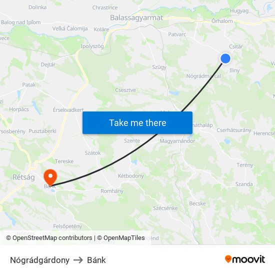 Nógrádgárdony to Bánk map