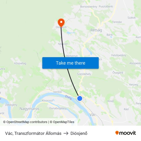 Vác, Transzformátor Állomás to Diósjenő map