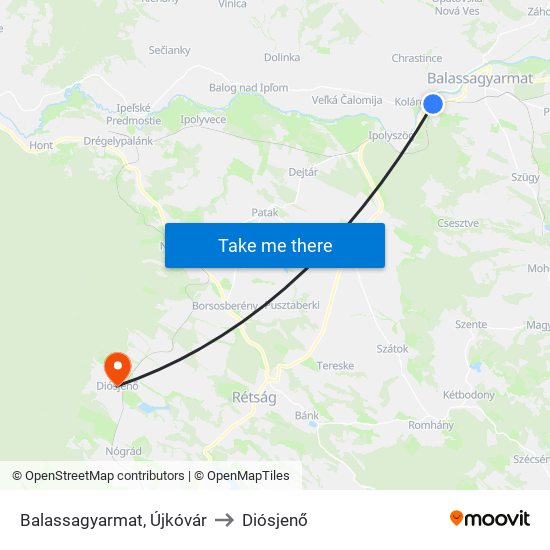 Balassagyarmat, Újkóvár to Diósjenő map