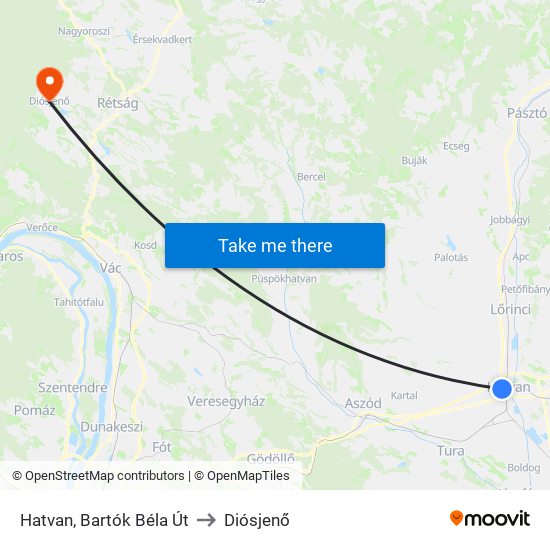 Hatvan, Bartók Béla Út to Diósjenő map