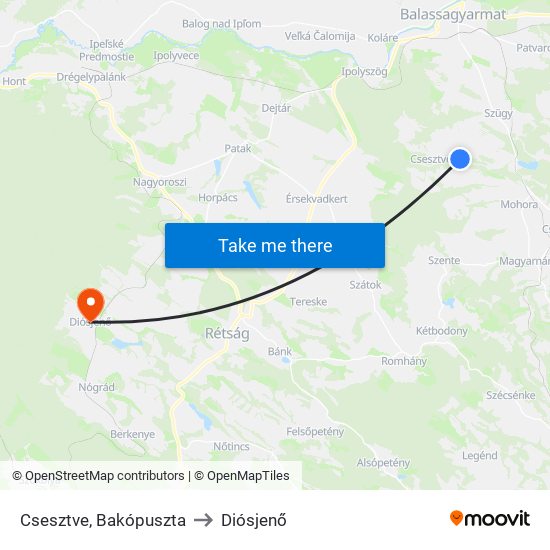 Csesztve, Bakópuszta to Diósjenő map