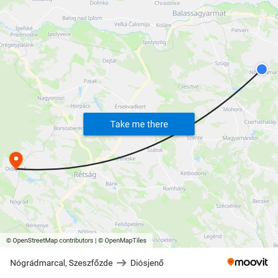 Nógrádmarcal, Szeszfőzde to Diósjenő map