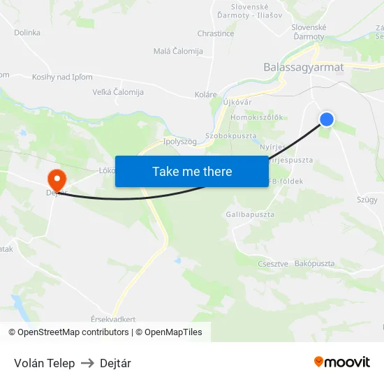 Volán Telep to Dejtár map