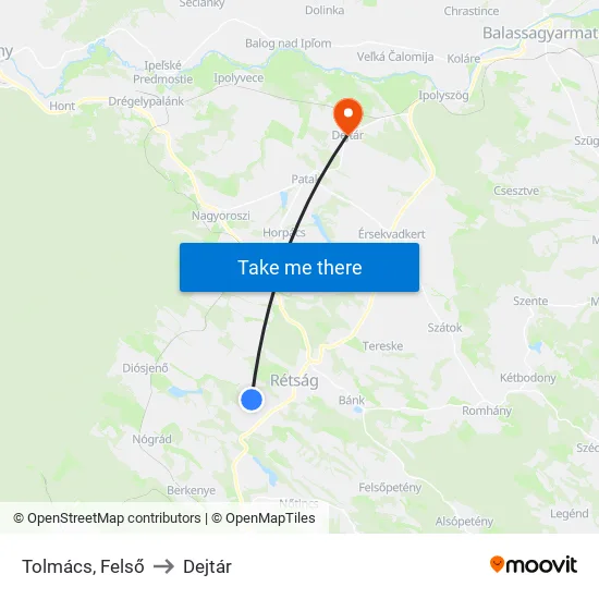 Tolmács, Felső to Dejtár map