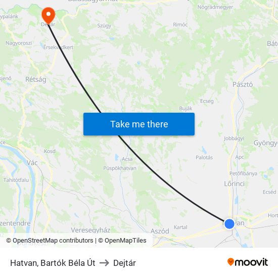 Hatvan, Bartók Béla Út to Dejtár map