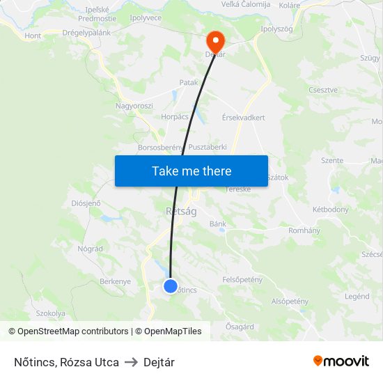 Nőtincs, Rózsa Utca to Dejtár map