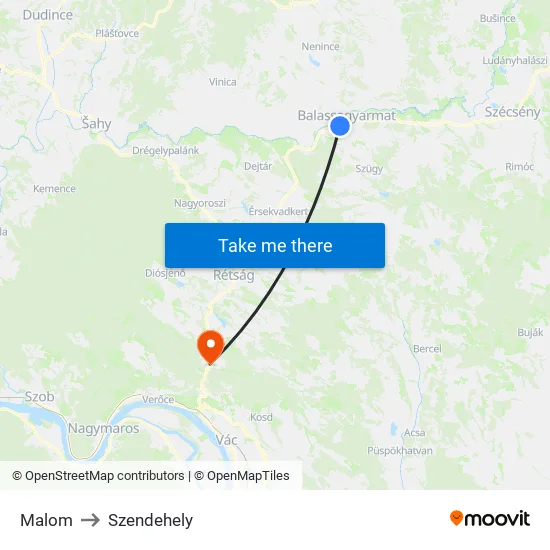 Malom to Szendehely map