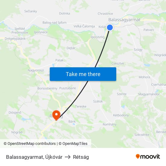 Balassagyarmat, Újkóvár to Rétság map