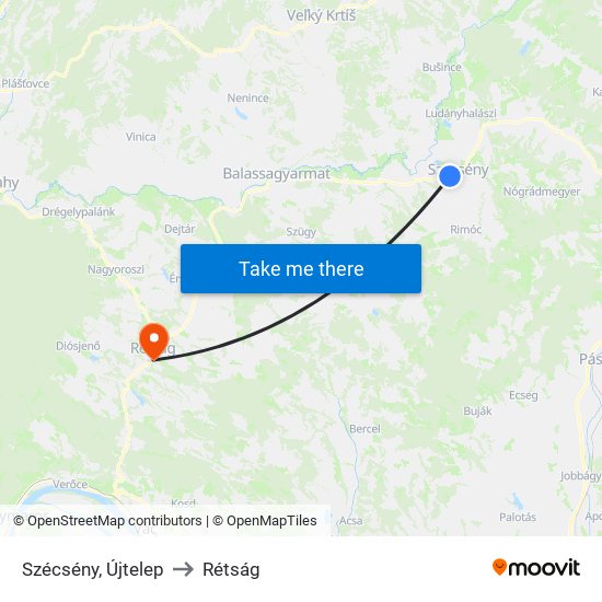 Szécsény, Újtelep to Rétság map