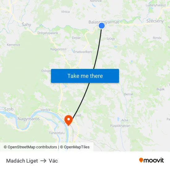 Madách Liget to Vác map