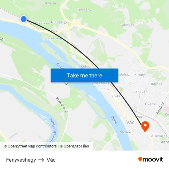 Fenyveshegy to Vác map
