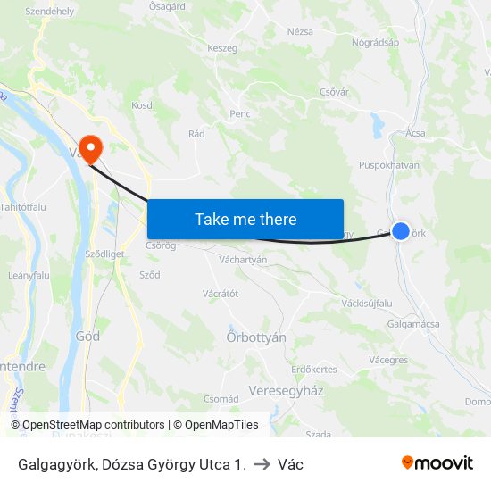 Galgagyörk, Dózsa György Utca 1. to Vác map