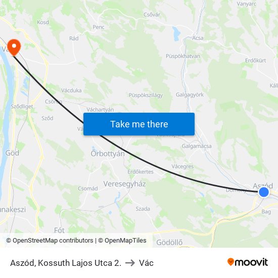Aszód, Kossuth Lajos Utca 2. to Vác map