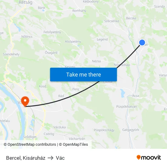 Bercel, Kisáruház to Vác map