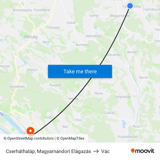 Cserháthaláp, Magyarnándori Elágazás to Vác map