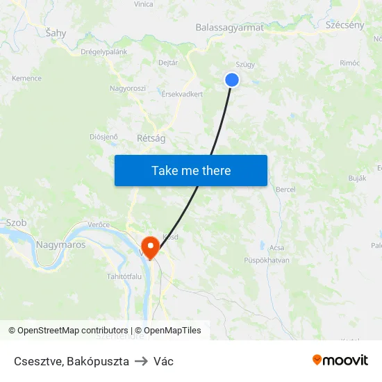 Csesztve, Bakópuszta to Vác map