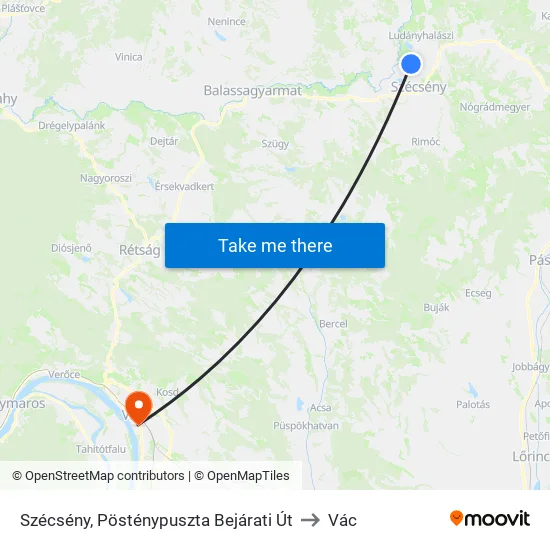 Szécsény, Pösténypuszta Bejárati Út to Vác map