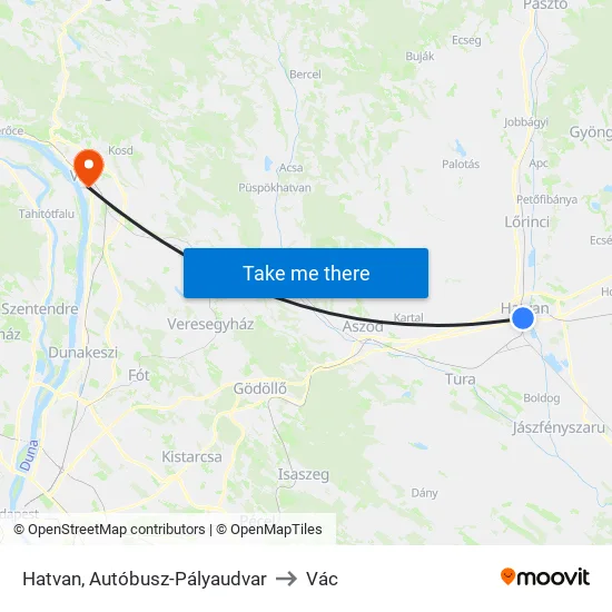 Hatvan, Autóbusz-Pályaudvar to Vác map