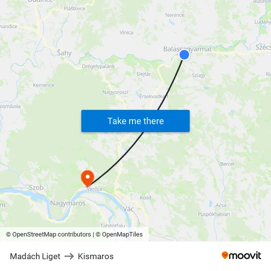 Madách Liget to Kismaros map