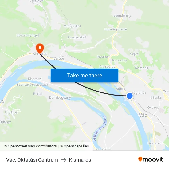 Vác, Oktatási Centrum to Kismaros map