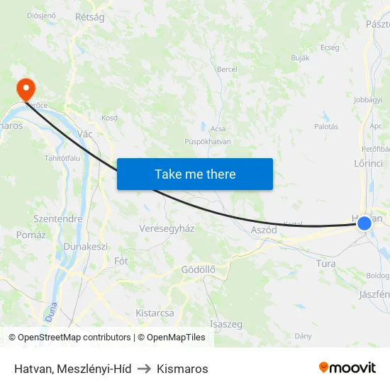 Hatvan, Meszlényi-Híd to Kismaros map