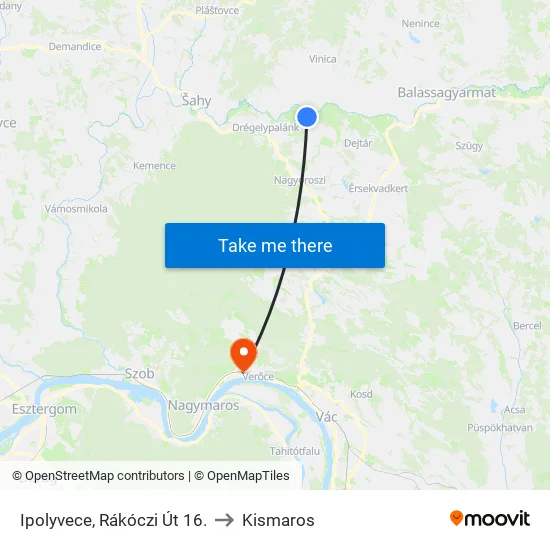 Ipolyvece, Rákóczi Út 16. to Kismaros map