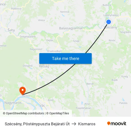 Szécsény, Pösténypuszta Bejárati Út to Kismaros map