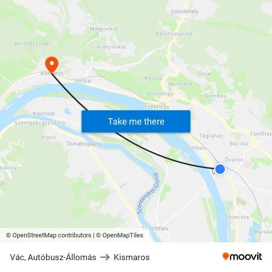Vác, Autóbusz-Állomás to Kismaros map