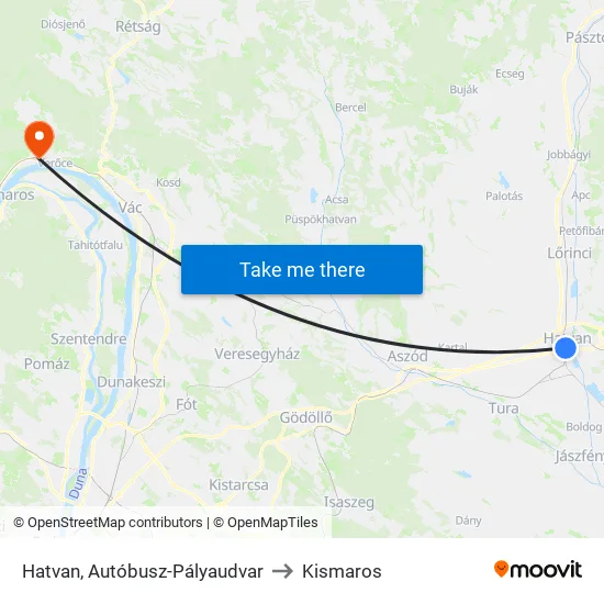 Hatvan, Autóbusz-Pályaudvar to Kismaros map