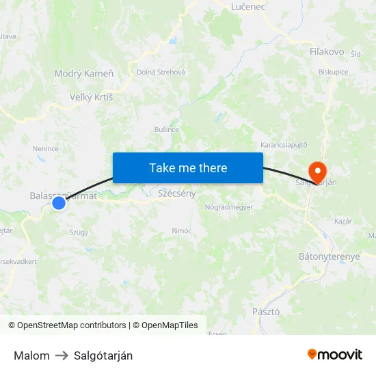 Malom to Salgótarján map