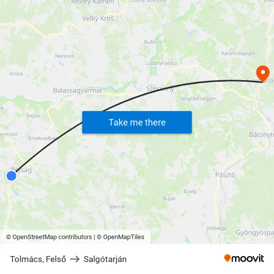 Tolmács, Felső to Salgótarján map