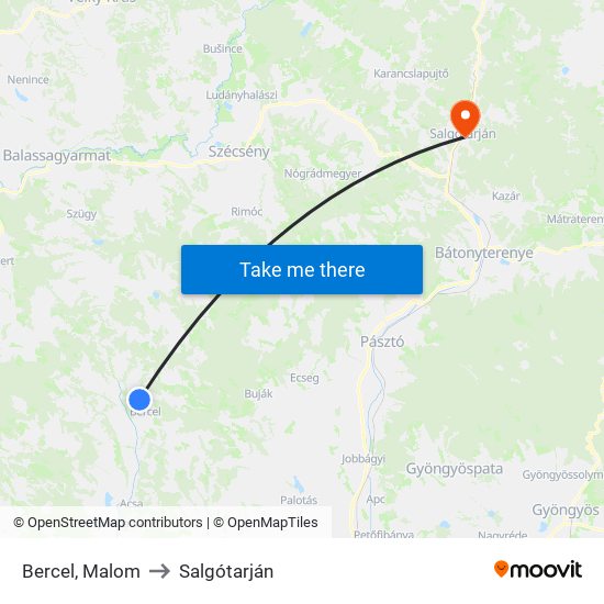 Bercel, Malom to Salgótarján map