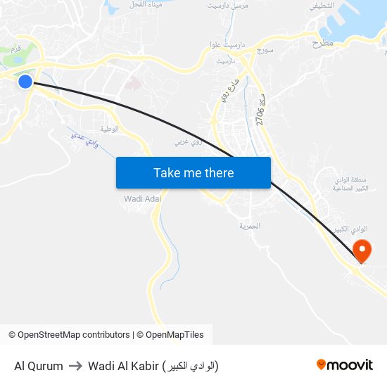 Al Qurum to Wadi Al Kabir (الوادي الكبير) map
