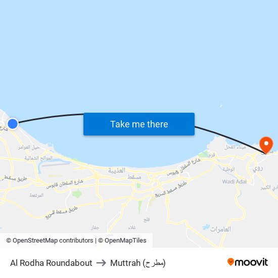 Al Rodha Roundabout to Muttrah (مطرح) map