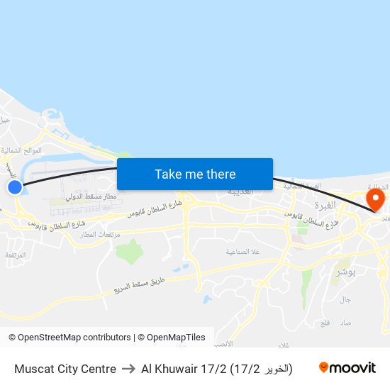 Muscat City Centre to Al Khuwair 17/2 (الخوير 17/2) map