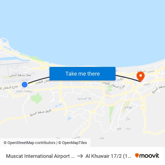 Muscat International Airport Old Terminal to Al Khuwair 17/2 (الخوير 17/2) map