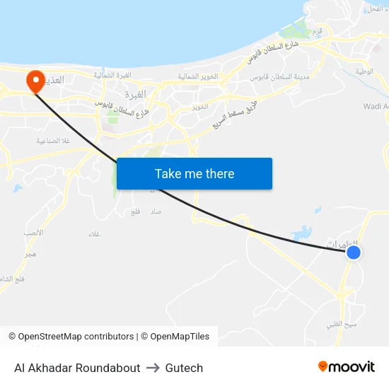 Al Akhadar Roundabout to Gutech map