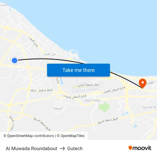 Al Muwada Roundabout to Gutech map