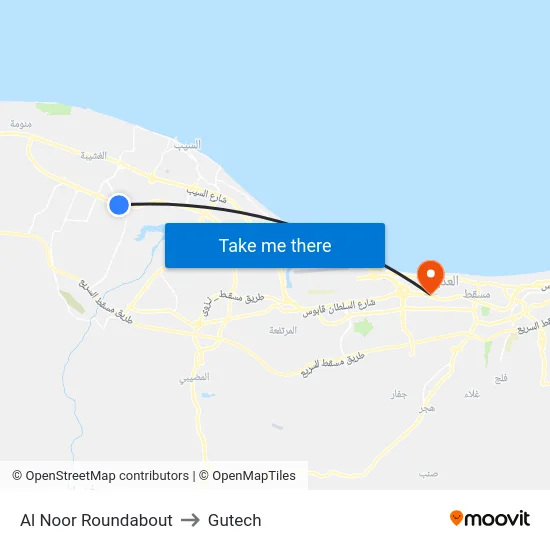 Al Noor Roundabout to Gutech map