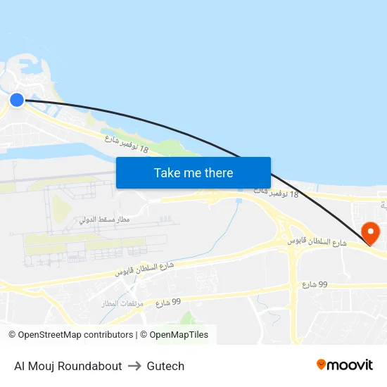 Al Mouj Roundabout to Gutech map