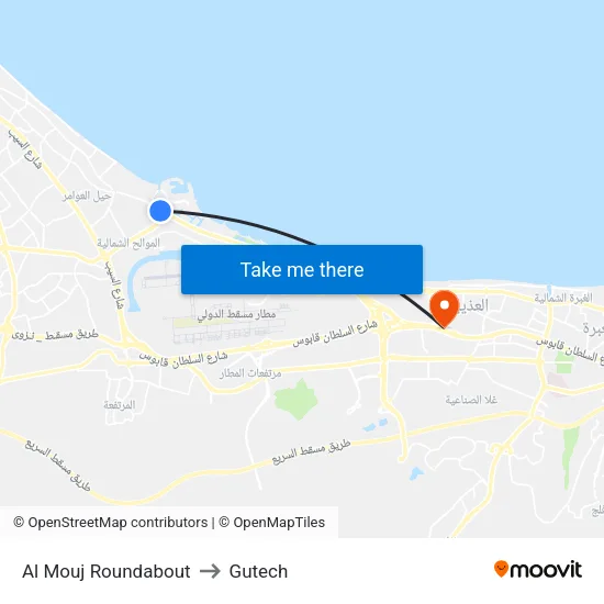 Al Mouj Roundabout to Gutech map