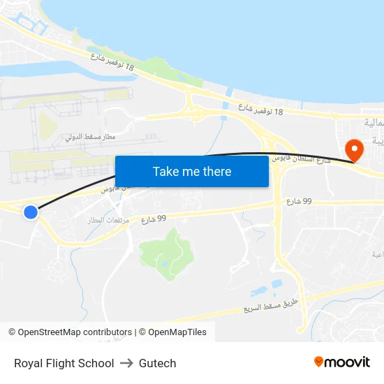 Royal Flight School to Gutech map