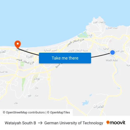 Wataiyah South B to German University of Technology map