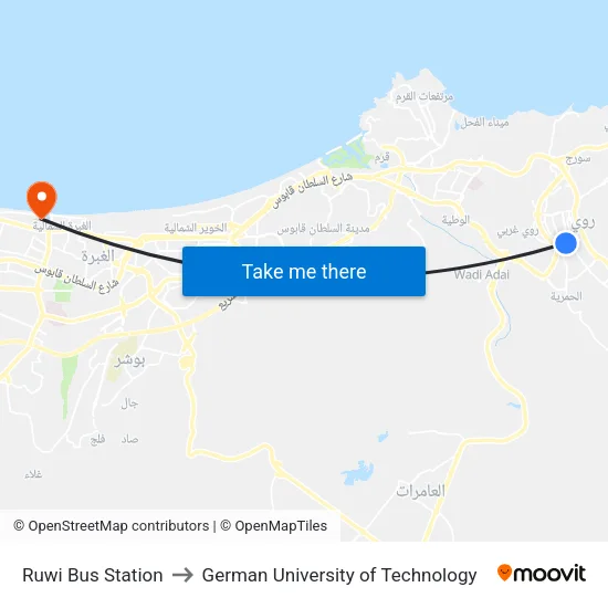 Ruwi Bus Station to German University of Technology map