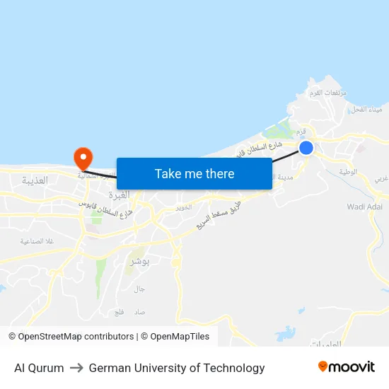 Al Qurum to German University of Technology map