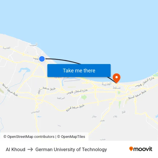 Al Khoud to German University of Technology map