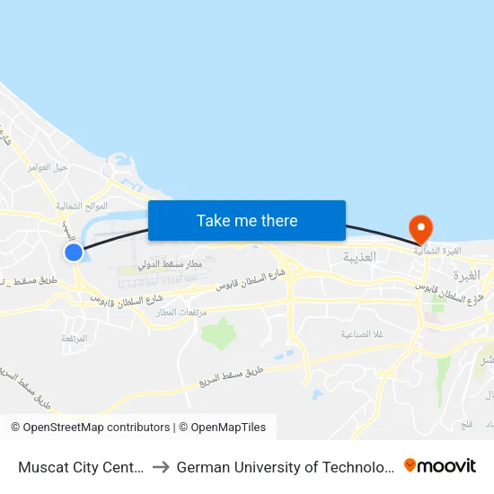 Muscat City Centre to German University of Technology map