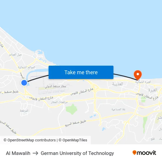 Al Mawalih to German University of Technology map